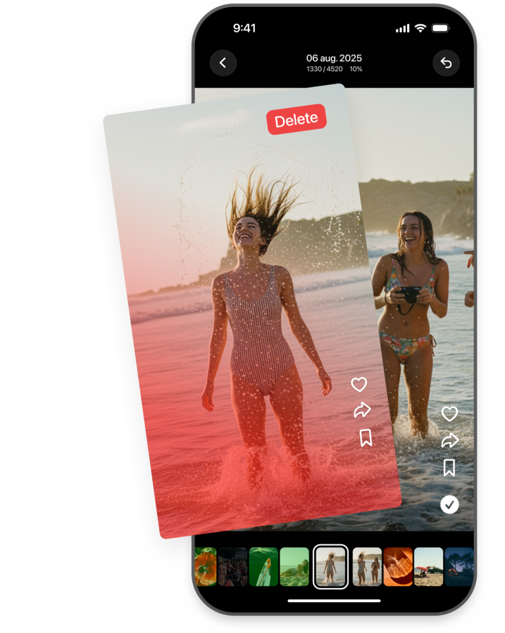 Odoas Wisch-Bildschirm zeigt ein Strandfoto, das zum Löschen markiert ist, mit dem nächsten Foto darunter